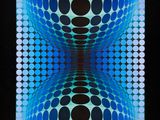 an image of a blue and black painting with circles on it