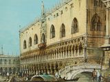 painting of a view of a street with a bridge and a building