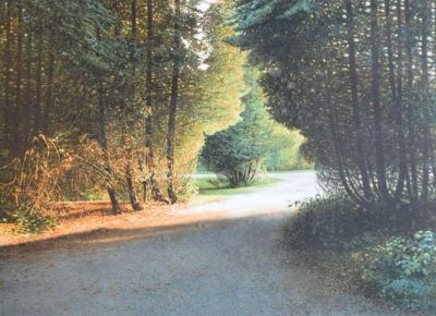 une photo d'un tableau représentant une route dans les bois
