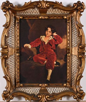 tableau représentant un jeune garçon en costume rouge, assis sur une chaise