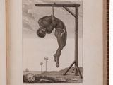 an old book with a drawing of a man hanging from a pole