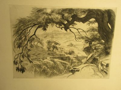 une image représentant un dessin de paysage avec des arbres et une rivière