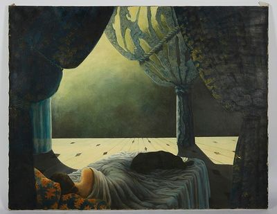 un tableau représentant une femme allongée sur un lit devant une fenêtre