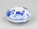 an image of a blue and white porcelain box with figures on it