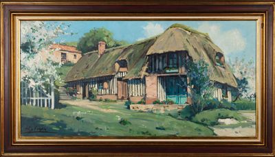 une peinture à l'huile représentant une maison au toit de chaume dans un décor champêtre