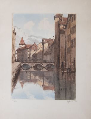 une image représentant un tableau où l'on voit une rivière avec des bâtiments en arrière-plan