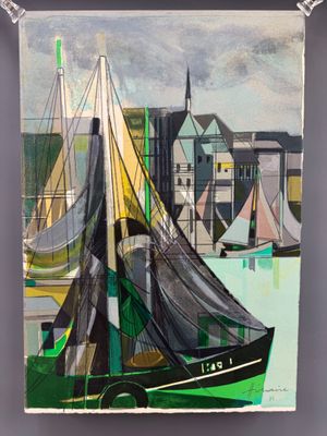 un tableau représentant un bateau sur l'eau, avec une ville en arrière-plan
