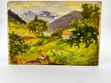 a painting of a landscape with trees and mountains in the background