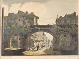 painting of a street scene with people walking under a bridge