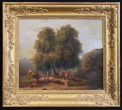une peinture à l'huile représentant des vaches se reposant sous un arbre dans un champ