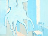 a painting of a man riding a horse next to a chair