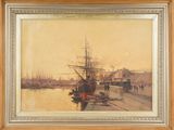 an image of a painting of a harbor scene with a boat in the water