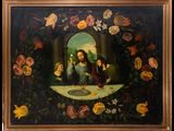 a painting of jesus sitting at a table surrounded by flowers