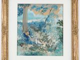 a painting of a woman sitting on a bench in the woods