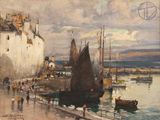 a painting of a harbor scene with boats in the water