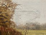 an oil painting of a cow grazing in a field near a tree