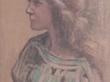 tableau représentant une jeune fille portant un bonnet et une robe rayée