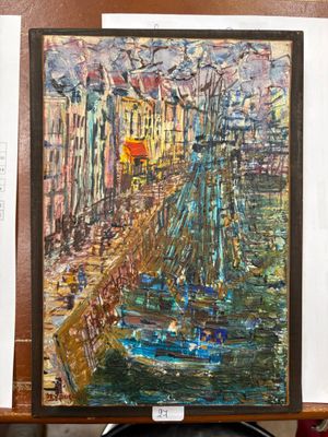 DEVOUCOUX Les bateaux à quai, Huile sur toile signée en bas …