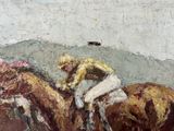 a painting of a horse race with jockeys on it