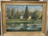 une image d'une peinture d'une maison au bord de l'eau