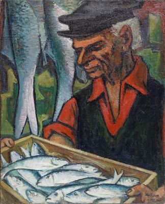 une peinture à l'huile représentant un homme tenant une boîte de poissons