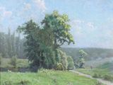 painting of a green field with a path and a tree in the distance