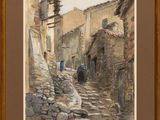 an oil painting of a street scene with a person walking down the street
