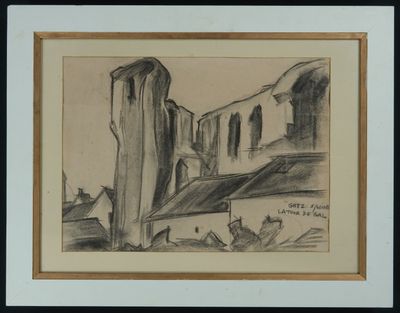 dessin représentant un vieux bâtiment avec un cheval au premier plan et un cheval au premier plan