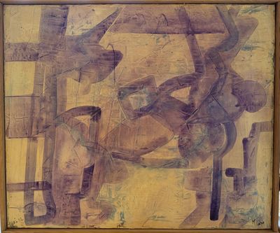 abstract painting of a man riding a horse in front of a building