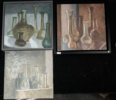 three paintings of vases and a vase on a black background