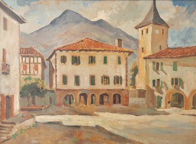 a painting of a street scene with buildings and a mountain in the background