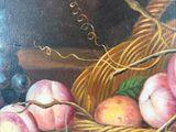 a painting of a basket of fruit on a table