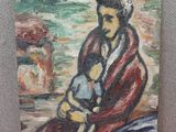 tableau représentant une femme tenant un enfant dans ses bras sur un fond rouge