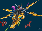 a lego model of a yellow and blue jet with a dragon on it