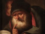 a painting of an old man reading a book while holding a book