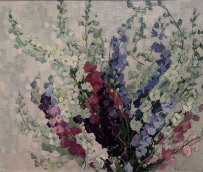 une peinture de fleurs dans un vase sur une table