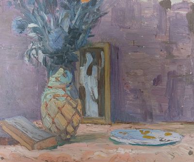 une peinture représentant un vase avec des fleurs sur une table