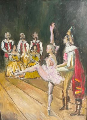 peinture à l'huile représentant une ballerine et des danseurs dans un studio de danse