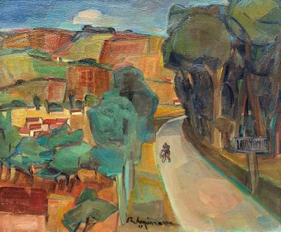painting of a painting of a person riding a bike down a road