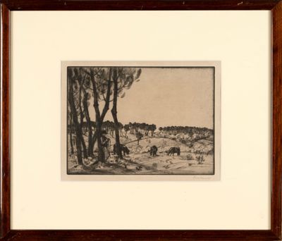 dessin représentant un paysage avec des vaches paissant dans un champ et des arbres