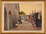 an oil painting of a street scene with a man sitting on a bench