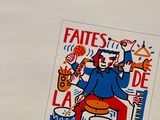 a picture of a poster with a man playing a musical instrument