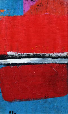 an abstract painting of a red and blue square with a black stripe