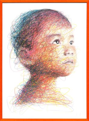 an image of a drawing of a child ' s face with colored lines