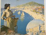 une vieille affiche représentant une femme sur la plage avec un panier de poissons