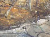 a painting of a man standing on a rock next to a river