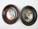 two framed pictures of a woman and a cat