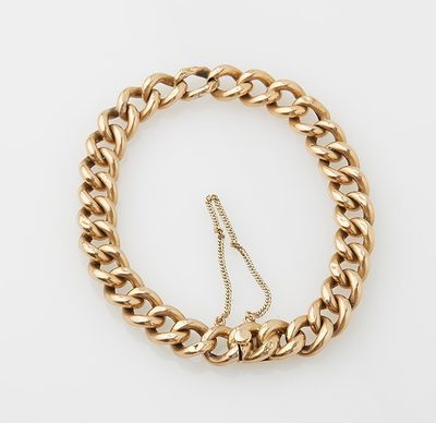 a gold chain bracelet with a gold clasp on a white background