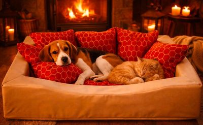 un chien et un chat allongés dans un panier pour chien