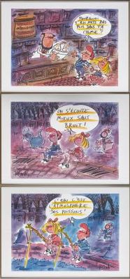 four different pictures of a cartoon book page with a picture of a girl and a cat